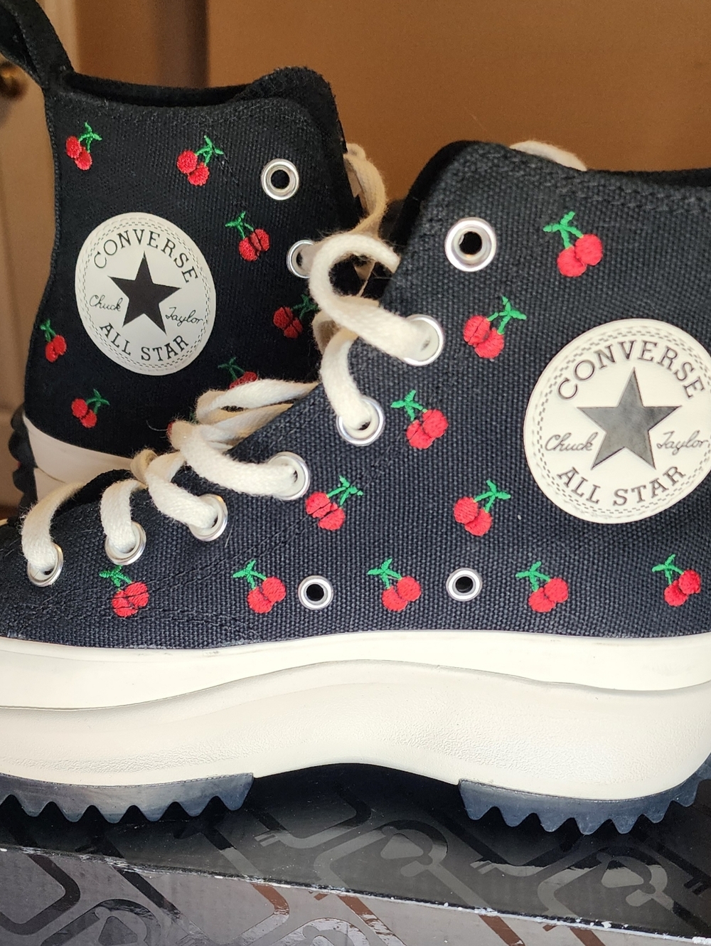 High-Top Platform Converse Black with Embroidered Cherries Sz. 7 Womens Shoes